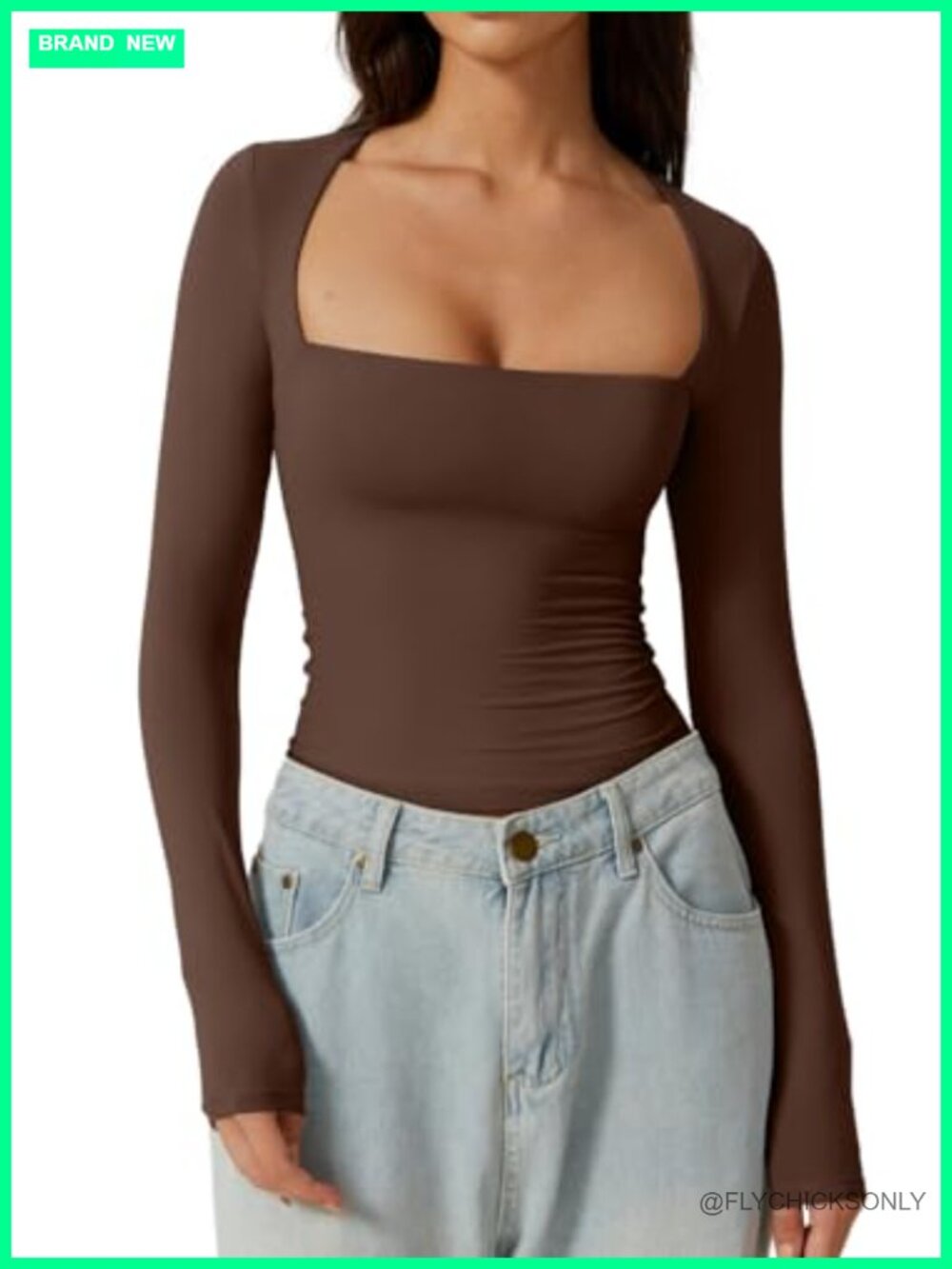 Square Neck Long Sleeve Fitted Top Double Lined Buttery Soft Slim Fit Crop